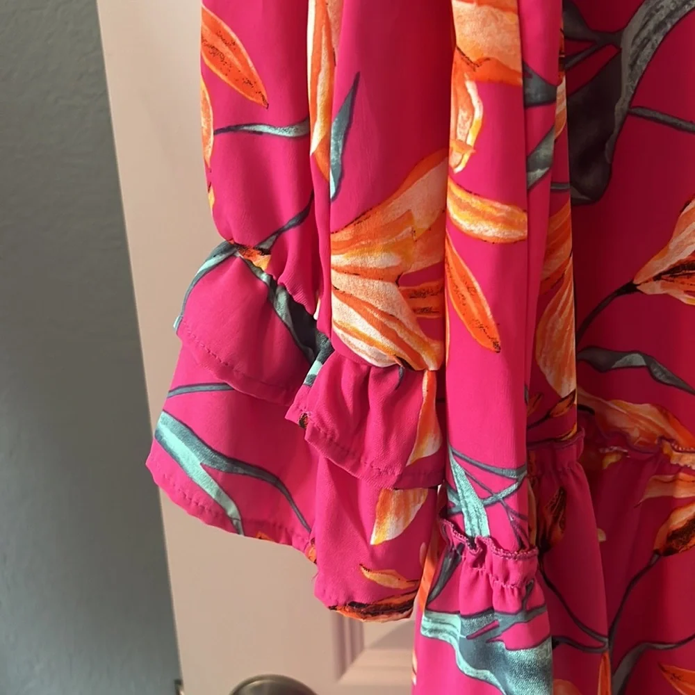 Peach Love California pink floral drop waist mini dress SZ L indie boho ruffle - Picture 5 of 13